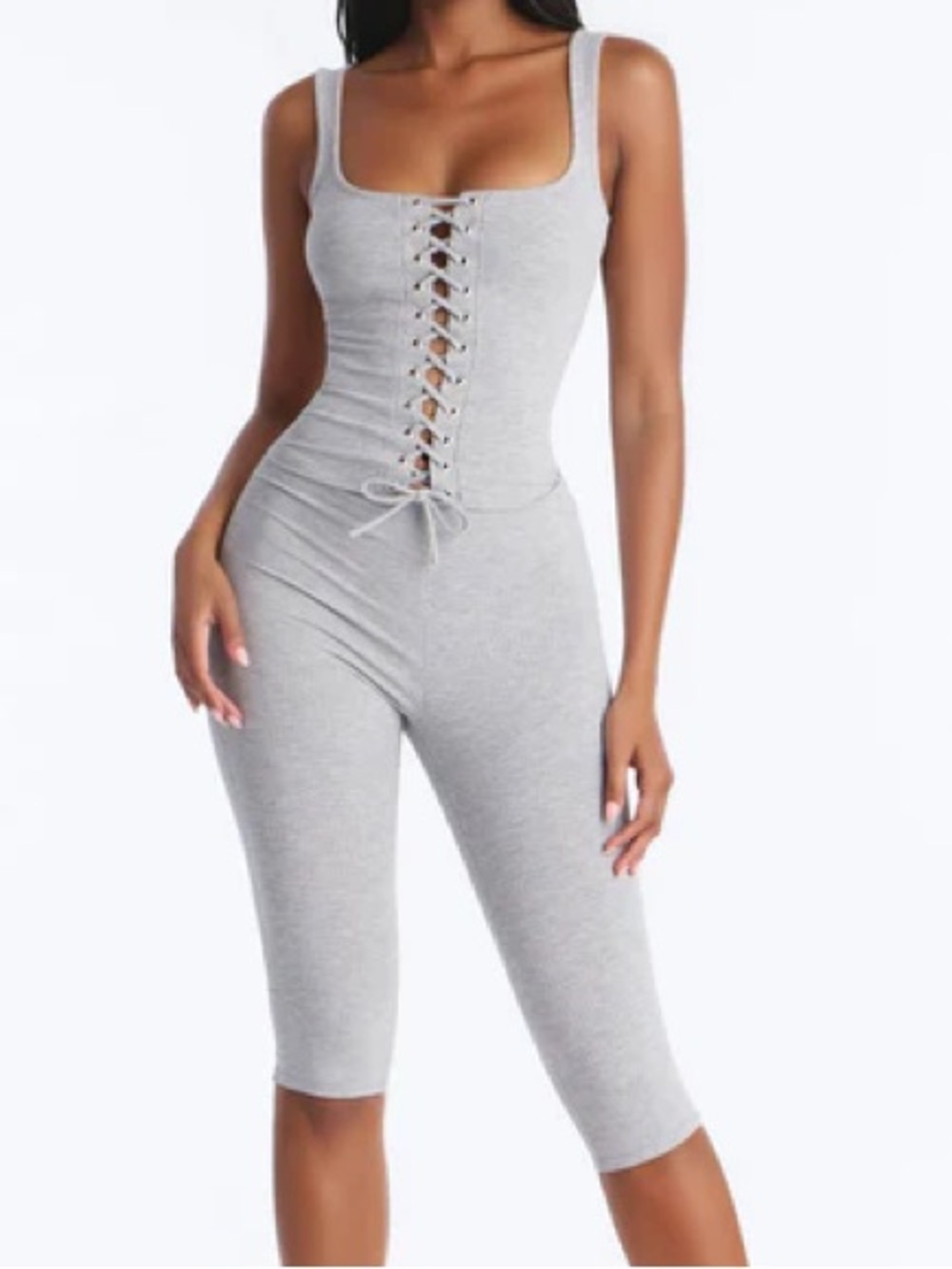 NEW Grey Lace-Up Ribbed Capri Pant Set